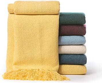 Chanasya Silky Textured Solid Decorative Throw Blanket with Tassels - Elegant Chick Woven Kntted for Sofa Couch Bed Room Fringed Throw Blanket Gift for Wedding Birthday (50x65 Inches) Yellow