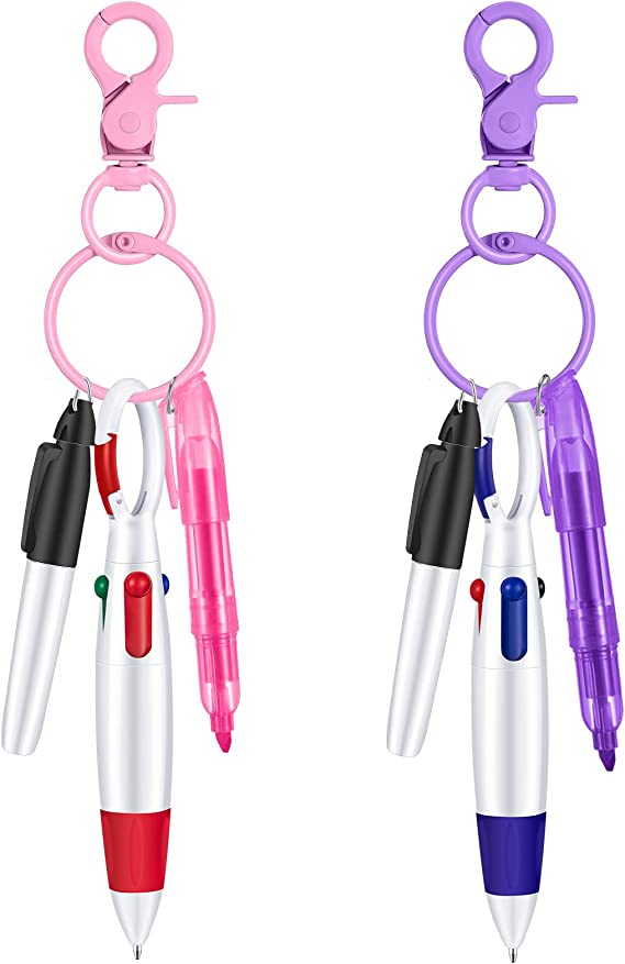 Mini Highlighter Nurse Pen Pack Set Nurse Pens for Badge Include Pink and Purple Tip Highlighter 2 Permanent Marker Pen and 2 Retractable Ball Pen with 2 Nursing Keychain Clip (Pink, Purple)