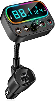 Bovon Bluetooth 5.0 FM Transmitter for Car, USB C PD Bluetooth Car Adapter with Dual Mic/2.0" LCD Display/3 USB Ports/9 Color LED Backlit, Wireless Car Kit Music Player Support U Disk/AUX Output