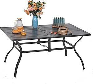 Sophia & William Outdoor Patio Table for 6 People, Rectangular Metal Patio Outdoor Dining Table, Black Steel Slatted Weather-Resistant Table with 2" Adjustable Umbrella Hole, L60 * W38 * H28