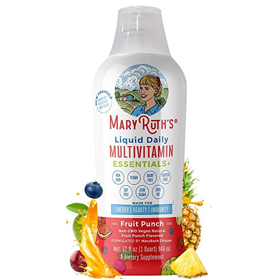 Daily Liquid Vegan Multivitamin by MaryRuth (Fruit Punch) w/Organic Whole Food Blend   Elderberry - Vitamin A B C D3 E Trace Minerals & Amino Acids for Energy & Immunity Men Women Kids 0 Sugar 32oz