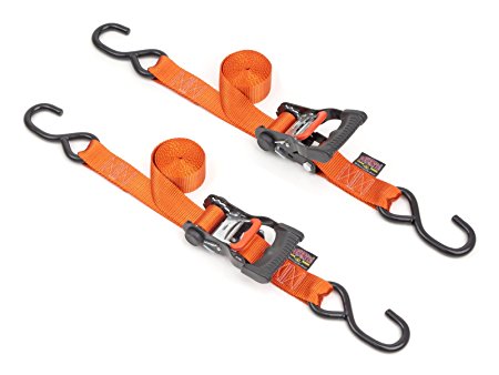 1½" x 7ft PowerTye® Mfg Made in USA Ergonomic Locking Ratchet Tie-Downs with Heavy-Duty S-Hooks, Orange (pair)