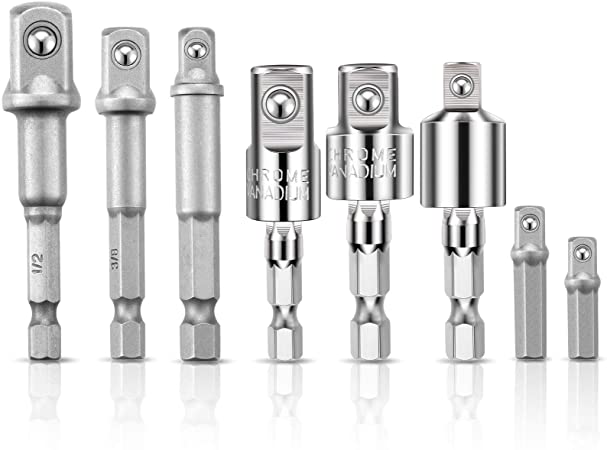 8 Pieces Power Drill Socket Adapter Sets Includes 3 Pieces 360 Degree Rotatable Hex Shank Socket Adapter and 5 Pieces Regular Impact Driver Extension Bits Set to Drill Adapter 1/4, 3/8, 1/2 Inch