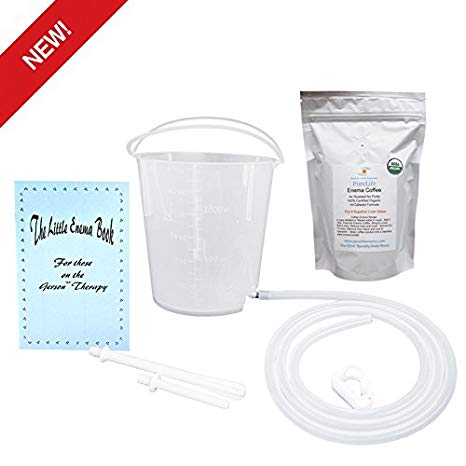 Coffee Enema Kit- 1.5 Qt Plastic Enema Bucket / 5 Ft Reuseable Silicone Enema Tubing & Nozzle/Purelife Air Roast Organic Enema Coffee/Gerson Specific
