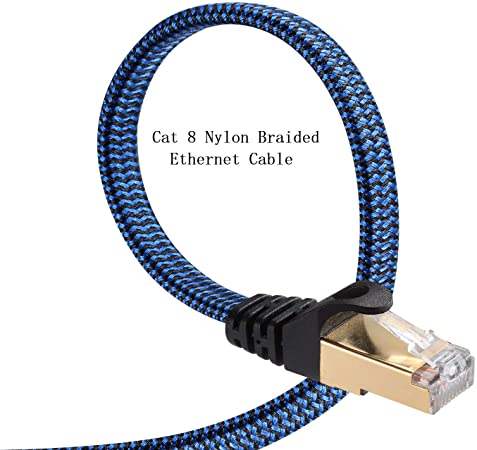 Cat 8 Ethernet Cable, DanYee 10FT Nylon Braided Flat Network Cable High Speed Cat8 Patch LAN Cable (Blue 10FT)