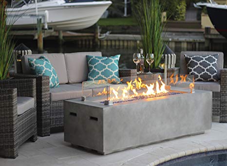 AKOYA Outdoor Essentials 60" Rectangular Modern Concrete Fire Pit Table w/Glass Guard and Crystals in Gray (Caribbean Blue)