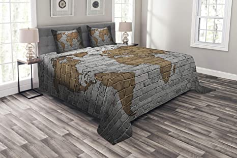 Ambesonne Wanderlust Bedspread, World Map on Old Brick Wall Countries Continents Aged Vintage Rough, Decorative Quilted 3 Piece Coverlet Set with 2 Pillow Shams, Queen Size, Brown Grey