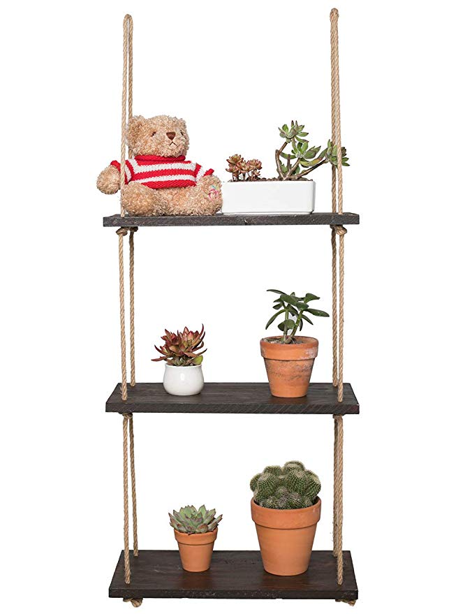 YXMYH Wood Hanging Shelf Wall Swing Storage Shelves Jute Rope Organizer Rack, 3 Tier