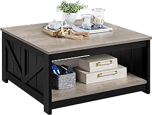 Yaheetech Farmhouse Coffee Table, Square Wooden Coffee Table for Living Room with Open Storage Shelf, 35.4 in Living Room Center Table for Home, Office, Reception Room, Gray & Black