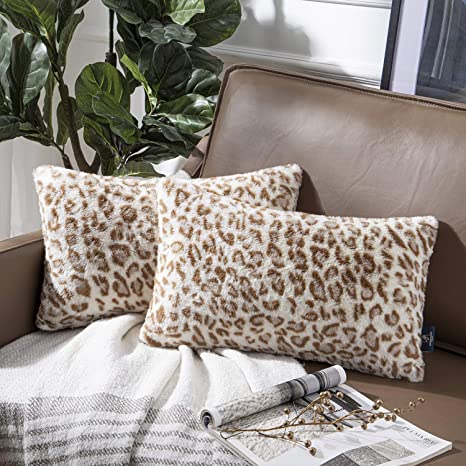 Phantoscope Set of 2 Decorative Leopard Series Soft Plush Fur Throw Pillow Case Cushion Cover Yellow 12 x 20 inches 30 x 50 cm