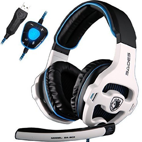 SADES 7.1 Surround Sound Pro USB PC Stereo Noise-Canceling Gaming Headset with High Sensitivity Mic Volume-Control Blue LED lighting, White (SA903)