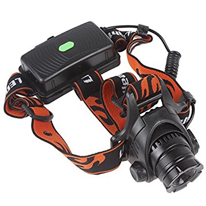 WindFire® Zoomable 1800 Lumens CREE XM-L T6 U2 LED Waterproof 3 Modes Headlamp CREE LED Headlight 18650 Rechargeable Battery Head LED Torch Flashlight with AC Charger Car Charger for Outdoor Hiking, Riding, Camping, Fishing (Battery not included)