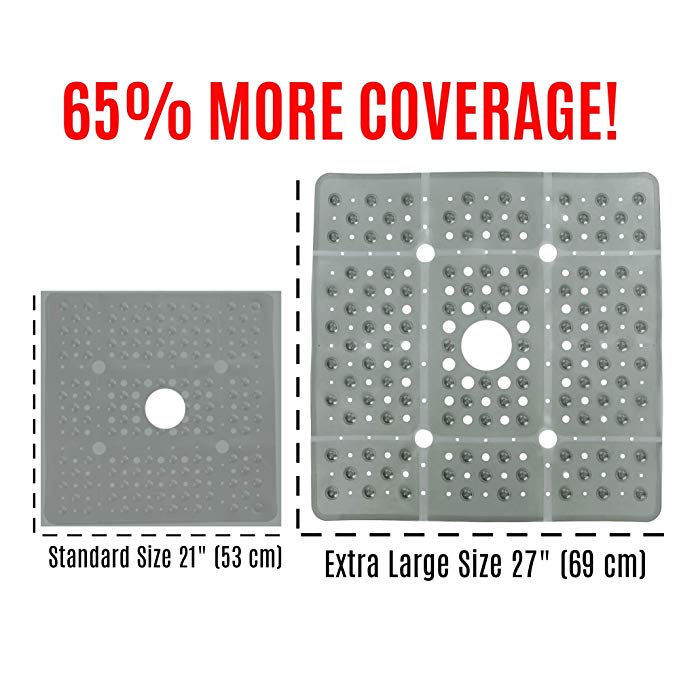 SlipX Solutions Extra Large Square Shower Mat Provides 65% More Coverage & Non-Slip Traction (69cm Sides, 100 Suction Cups, Great Drainage) (Gray)