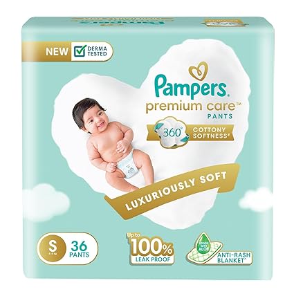 Pampers Premium Care Pants Style Baby Diapers, Small (S) Size, 36 Count, All-in-1 Diapers with 360 Cottony Softness, 4-8kg Diapers