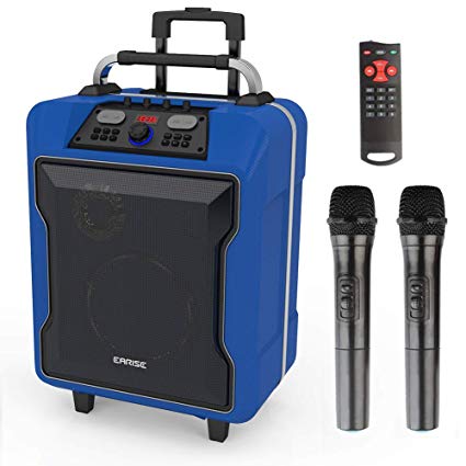 EARISE M60 Portable PA System Work with Bluetooth, DJ Karaoke Amplified Loudspeaker with 2 Wireless Microphone, 10" Subwoofer, Remote Control, Aux Input, Telescoping Handle, USB Charging & Wheels,Blue
