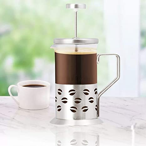 Stainless Steel French Press Coffee Maker - Travel Size Coffee Press with Steel Engraving - Heat Resistant Borosilicate Glass French Press - 8" Single Serve Coffee Maker