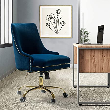 Bella Velvet Fabric Task Chair with Gold Base and Nailhead for Home Office - Navy
