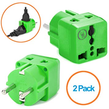 European Plug Adapter by Yubi Power 2 in 1 Universal Travel Adapter with 2 Universal Outlets - 2 Pack - Green - Shucko Type E/F for France, Germany, Spain, Sweden, Turkey, Ukraine and More!