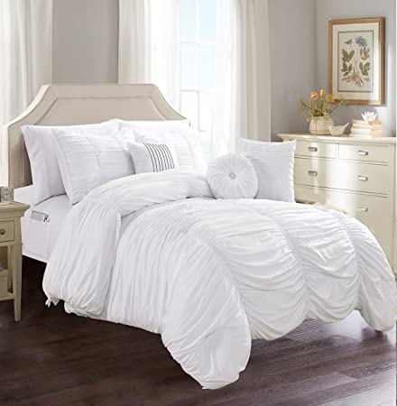 Elegant Comfort Luxury Best, Softest, Coziest 10-Piece Bed-in-a-Bag Pleated Comforter Set, Ruched Ruffle Comforter Set Includes Bed Sheet Set with Double Sided Storage Pockets, King/Cal King, White