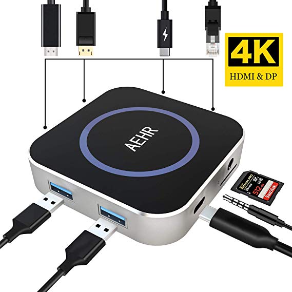 AEHR USB C Hub, 8-in-1 Type C Hub Adapter with Ethernet Port, USB C to HDMI 4K and DP 4K, 2 USB 3.0 Ports,Earphone Port,SD/TF Card Reader, USB C Power Delivery, Portable for MacBook Pro/Type C Device
