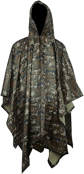 HOW'ON Military Multifunction Realtree Camouflage Waterproof Rain Poncho Adults(Gift Emergency Blanket) Digital Jungle One Size