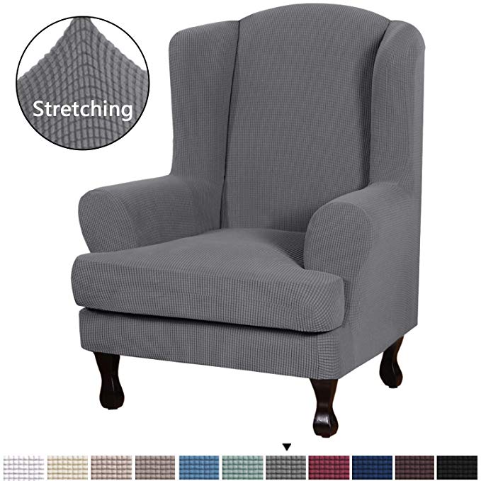 H.VERSAILTEX Durable Soft High Stretch Jacquard 2 Piece Wingback Chair Cover Charcoal Gray Couch Covers Lycra Furniture Protector Machine Washable Spandex Sofa Covers, Wing Chair Slipcover