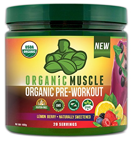 USDA Certified Organic Pre Workout Supplement - Natural Pre Workout & Organic Energy Drink- Non-GMO, Vegan, Gluten Free -Lemon Berry- 160g