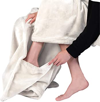 Brookstone NAP Cozy Footed Throw Blanket – 50” W x 70” L Ultra Soft Fabric Keeps Your Body Warm with Extra Deep Pocket for Your Feet – Reversible & Machine Washable – Say Goodbye to Cold Feet – Ivory