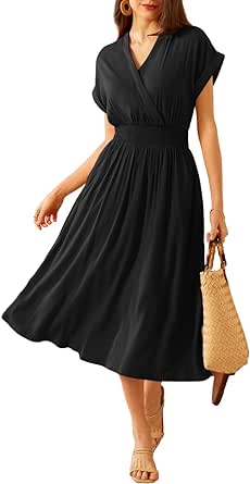 GRACE KARIN Women's Casual Linen Dresses 2024 Summer V Neck A Line Midi Dress with Pockets