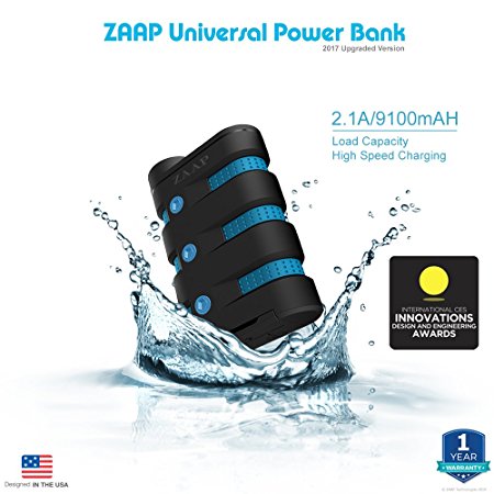 ZAAP (USA) 9100mAh Defender Universal Power Bank, Waterproof /Shockproof/Dirtproof Panasonic Cells Turbo charging 2.1A CES Battery Charger