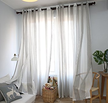DEZENE Vertical Striped Window Treatments Panel Sheer Curtains with Gromments for Living Room,54 x 84 Inches( Width x Length),Grey and White