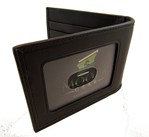 Mens Leather Money Clip Wallet, bi-fold design with ID window and exterior pocket, Slim design fits in your Front Pocket