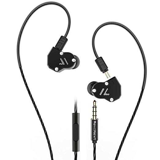RevoNext QT2 in Ear Monitor, Triple Driver Headphones 2DD 1BA Balanced Armature with Dynamic Metal Shell Noise-Isolating Deep Bass HiFi Earbuds with Detachable Cables (Black mic)