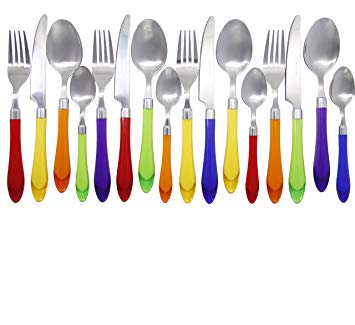 Unique Brilliant Colored Mix & Match Cutlery and Silverware with Translucent Handles set of 16 pieces, Rainbow Flag Colorful Cutlery Assortment