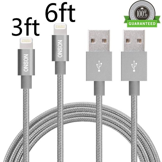 ONSON iPhone Cable,2Pack 3ft 6ft Nylon Braided Lightning to USB Cable Charging Cord for Apple iPhone 6/6 Plus/6s/6s Plus,iPhone 5 5c 5s,iPad 4 Mini Air iPod(Gray)