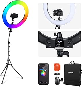 NEEWER 18 Inch RGB LED Ring Light APP Control with Stand and Phone Holder, 42W Dimmable 2500K-10000K GM±50 Bi Color CRI97 /TLCI98  360° Full Color 18 Scene for Selfie Makeup TikTok Vlog, RGB18 II