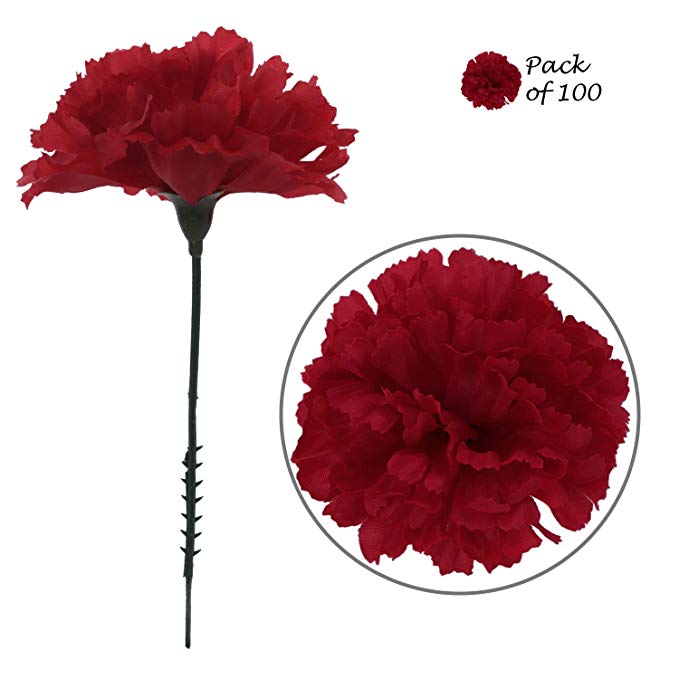 Larksilk Burgundy Silk Carnation Picks, Artificial Flowers for Weddings, Decorations, DIY Decor, 100 Count Bulk, 3.5" Carnation Heads with 5" Stems
