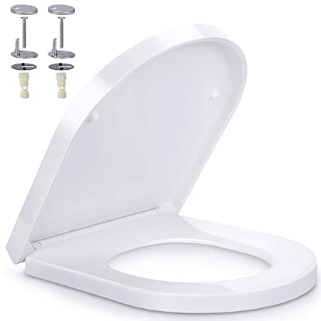 Soft Close Toilet Seat with Quick Release, Simple Top Fixing, Automatic Lowering, Urea-Formaldehyde Anti-Bacterial Toilet Seats White with Stainless Hinges, D Shape Toilet Lid