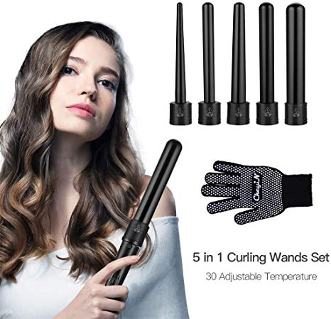 inkint Curling Wand 5-In-1 Hair Curling Iron Set with 5 Curling Barrels   Heat Protective Glove Worldwide Voltage for Travel Adjustable Temperature Hair Curler (Black)