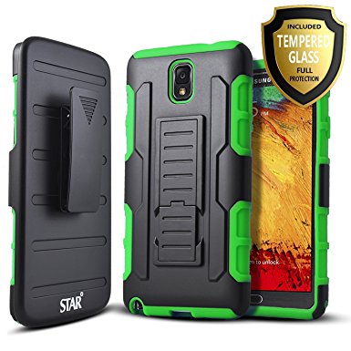 Note 3 Case, Galaxy Note 3 Case, Starshop [Heavy Duty] Dual Layers with Kickstand and Locking Belt Clip With Tempered Glass Screen Protector (Green)