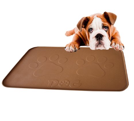 Dog Feeding Mat with Paw Logo. Premium FDA Silicone (Gray/Brown - 22" X 14") Perfect Size. Hygienic and Safe for Allergic Dogs. Dishwasher Safe. Aniti Spill Edge. No Slip. By iPrimio