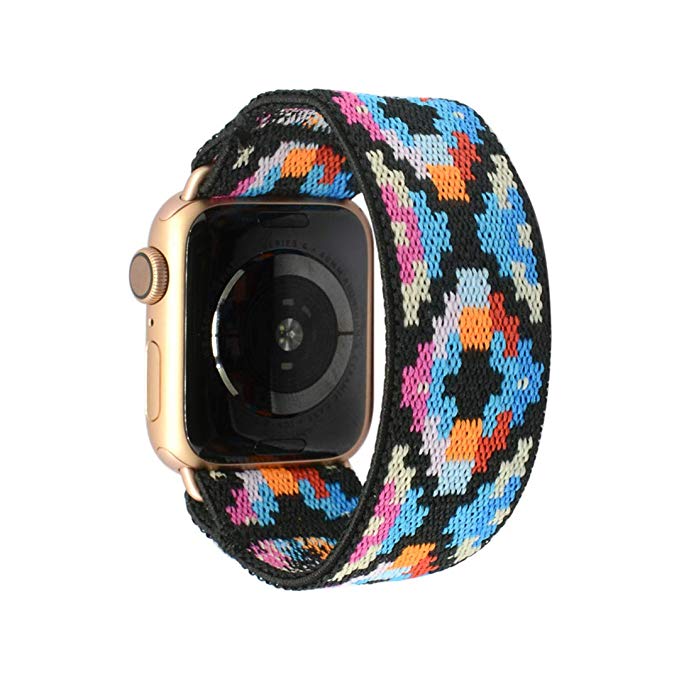 Tefeca Geometry Pattern Elastic Compatible/Replacement Band for Apple Watch 38mm 40mm 42mm 44mm (Gold Adapter for 42mm/44mm Apple Watch, Wrist Size : 7.5-8.0 inch (L5))