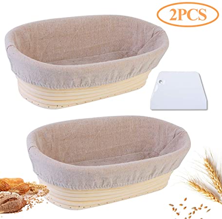 2 Pcs 10 inch Oval Bread Proofing Basket Natural Rattan Cane Handmade with Linen Liner Cloth & Dough Scraper for Home Baker