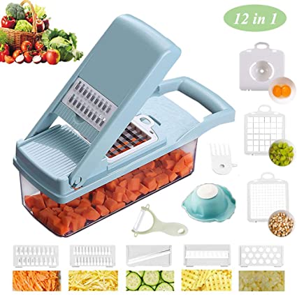 Vegetable Chopper, Food Choppers Cutter and Onion Slicer Dicers, 12 in 1 Veggie Slicer Manual Mandoline for Garlic, Cabbage, Carrot, Potato, Tomato, Fruit, Salad (Blue)