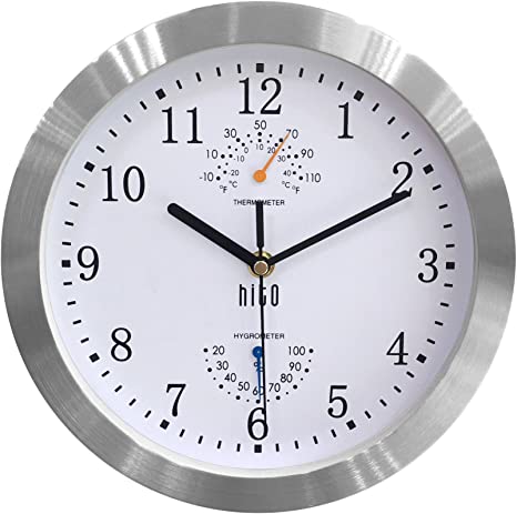 hito Modern Silent Wall Clock Non Ticking 10 inch Excellent Accurate Sweep Movement Silver Aluminum Frame Glass Cover, Decorative for Kitchen, Living Room, Bedroom, Bathroom, Bedroom, Office (White)