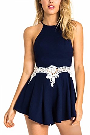 YOINS Women Sexy Crochet Lace Backless Halter Navy Cami Playsuit Romper