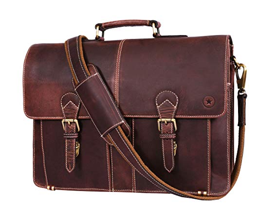 17" Leather Briefcase Messenger Bag for Laptop by Aaron Leather (Raven)