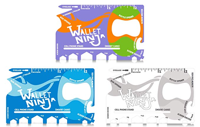 Wallet Ninja 18 in 1 Credit Card Multi-Tool: (Baby Blue, Snow White, Mutant Purple) Eyeglass Screwdriver, Hex Wrenches, Bottle Opener, Phone Stand, Can Opener, Ruler