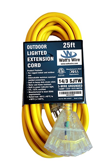 Watt's Wire 14/3 25ft Heavy Duty Triple Outlet Indoor / Outdoor SJTW Lighted Extension Cords - 14-3 25' Rugged Lighted Grounded Short Pigtail Power Cord NEMA 5-15 14 Awg 125Vac 15 Amp 1875Watt