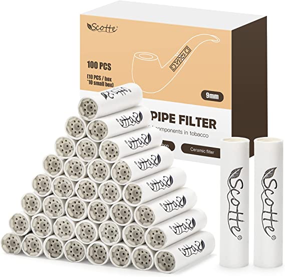 Scotte Pipe Filters 9mm Activated Carbon Tobacco Pipe Filter with Dual Ceramic Cap 100 pcs Filter Core for Pipe Smoking